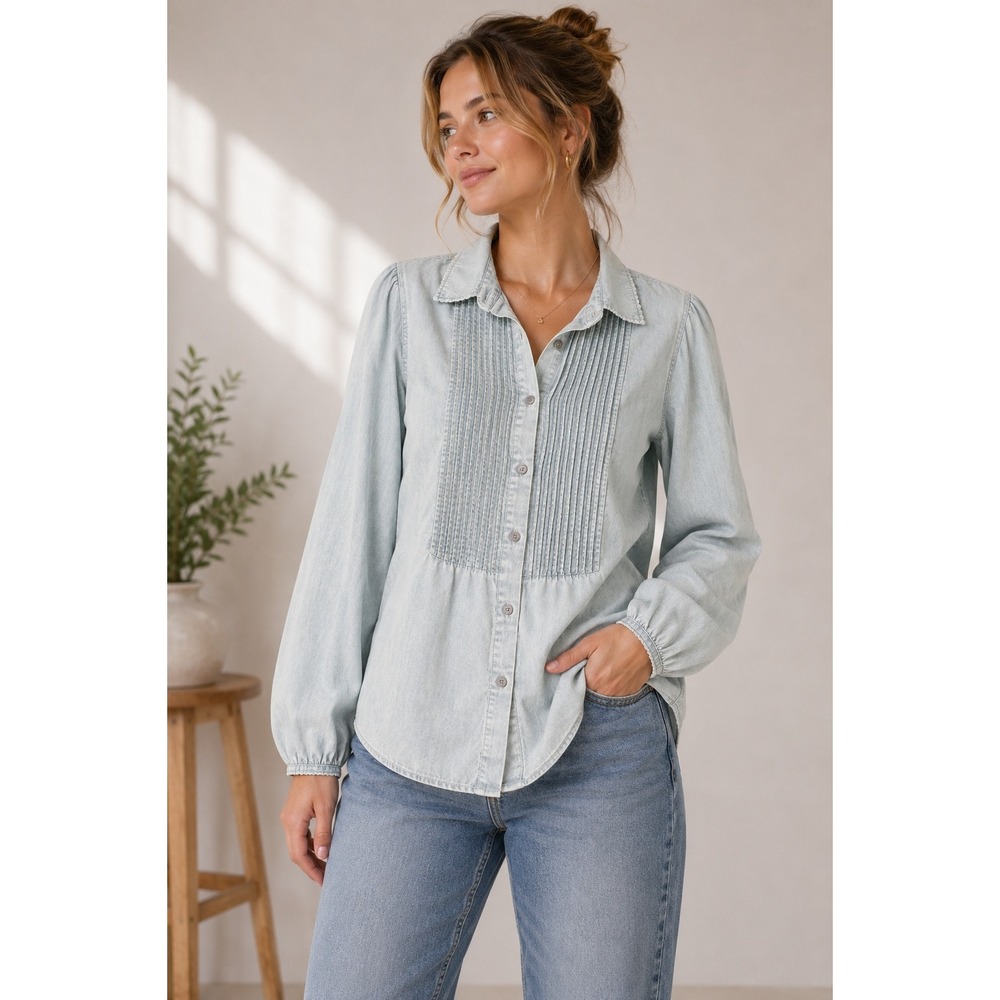 J Jill 1X Light Blue Pintuck Button Up Shirt Women Casual Long Sleeve |M1